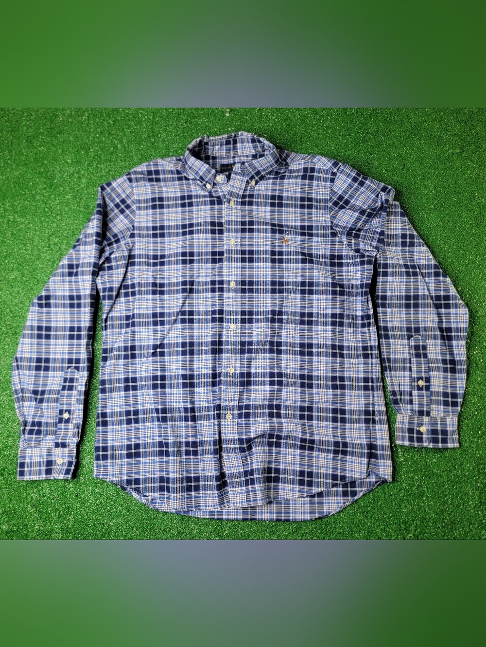 Polo Ralph Lauren Long Sleeve Tartan Plaid Men's Button Down Shirt Blue White L